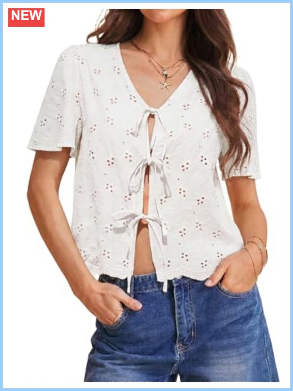 Cotton Eyelet Tie Front Cover Up Boho V Neck Embroidered Beach